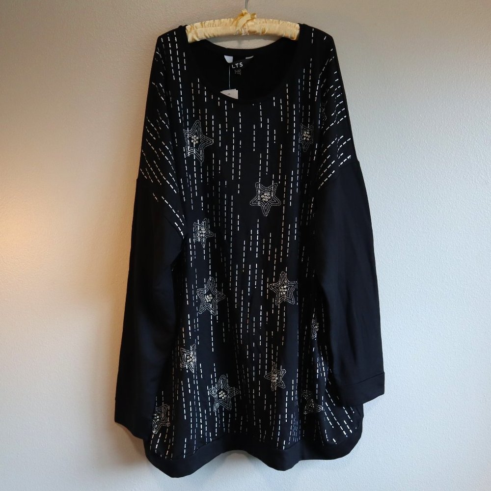 LTS Long Tall Sally Black Tunic top with Long Sleeves Sparkly Stars Novelty XL